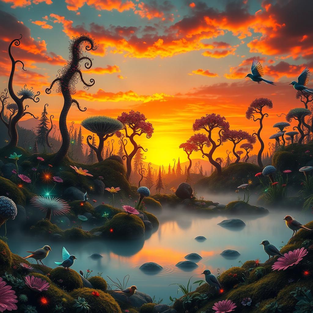 A striking surreal landscape where a vibrant orange sunset casts long shadows over a whimsical fantasy forest filled with bioluminescent plants, tall spiraling trees, and colorful birds with translucent wings