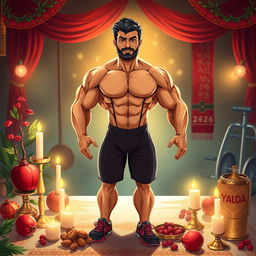 A striking illustration of a male bodybuilding coach doll, showcasing a muscular physique and dressed in sporty attire