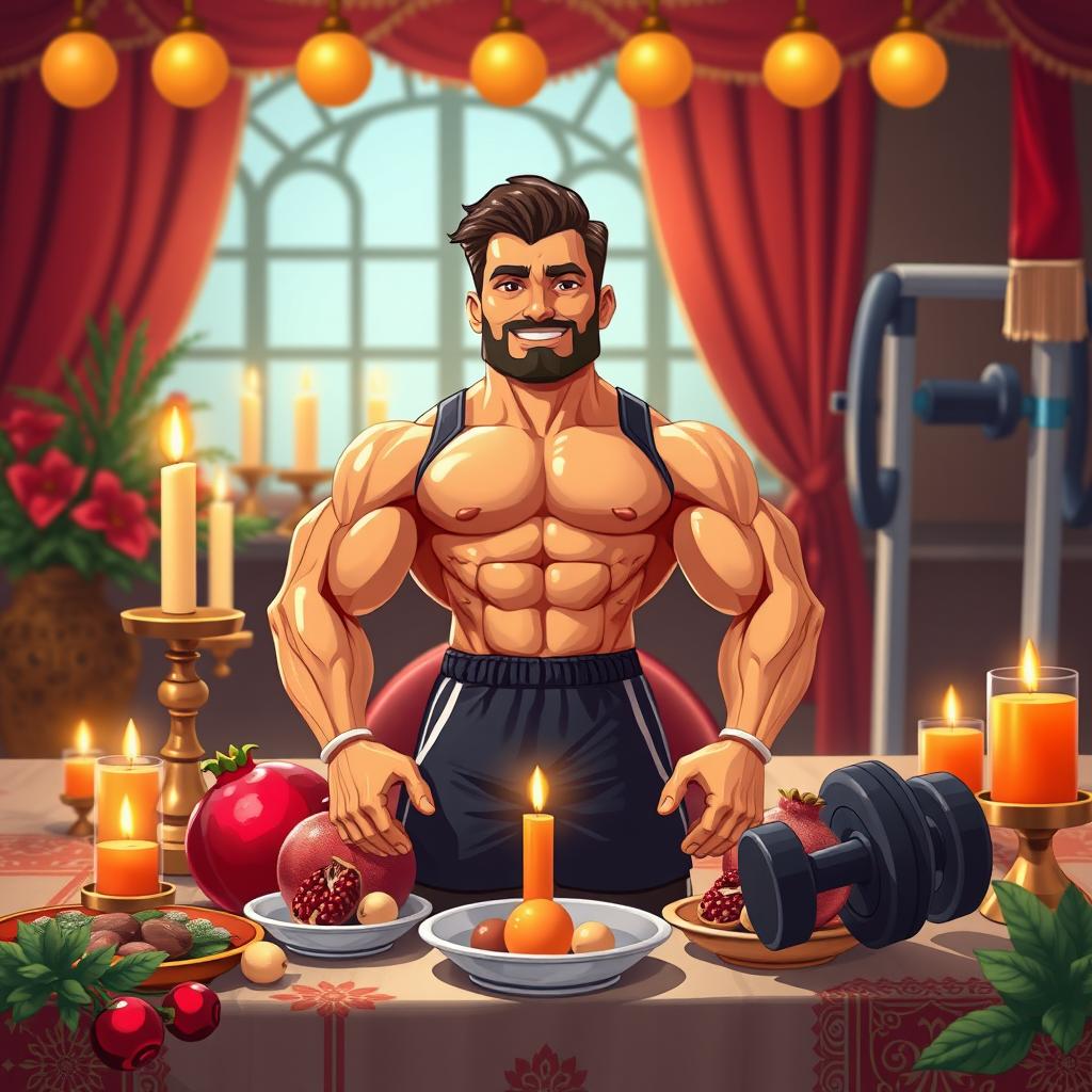 A striking illustration of a male bodybuilding coach doll, showcasing a muscular physique and dressed in sporty attire