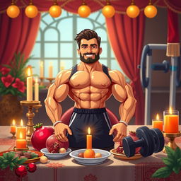 A striking illustration of a male bodybuilding coach doll, showcasing a muscular physique and dressed in sporty attire