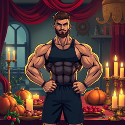 A striking illustration of a male bodybuilding coach doll, showcasing a muscular physique and dressed in sporty attire