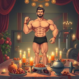 A striking illustration of a male bodybuilding coach doll, showcasing a muscular physique and dressed in sporty attire