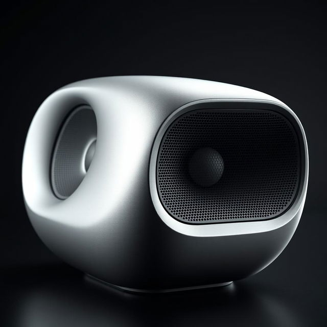 A sleek, futuristic speaker design featuring smooth contours and a minimalist aesthetic