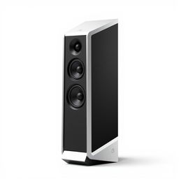 A futuristic tower speaker design characterized by its tall, sleek silhouette and angular lines, made from a combination of matte black and brushed aluminum materials