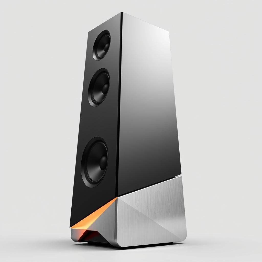 A futuristic tower speaker design characterized by its tall, sleek silhouette and angular lines, made from a combination of matte black and brushed aluminum materials