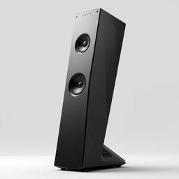 A futuristic tower speaker design characterized by its tall, sleek silhouette and angular lines, made from a combination of matte black and brushed aluminum materials