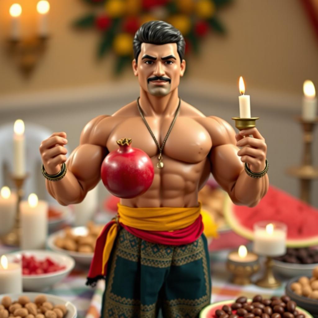 A male bodybuilding coach doll, designed for a Yalda night celebration, wearing traditional Persian attire with vibrant colors, holding a pomegranate and a candle