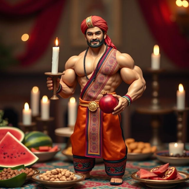 A male bodybuilding coach doll, designed for a Yalda night celebration, wearing traditional Persian attire with vibrant colors, holding a pomegranate and a candle