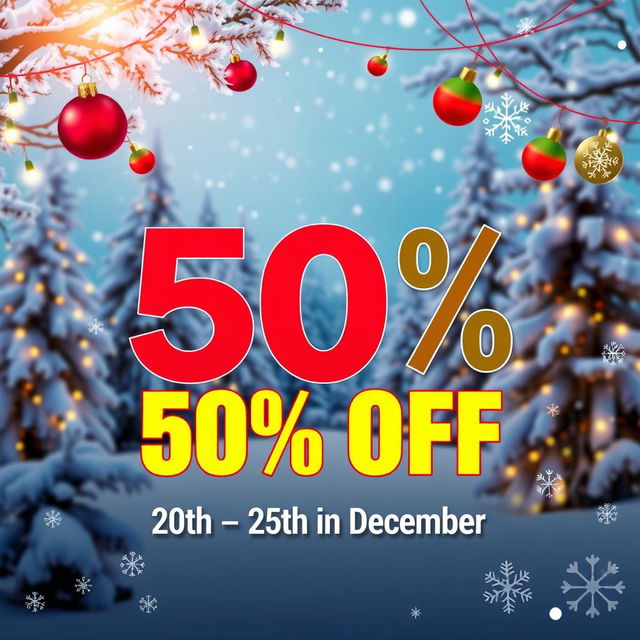 A vibrant and festive holiday sale advertisement featuring a full background of a winter wonderland scene with snow-covered trees and twinkling lights