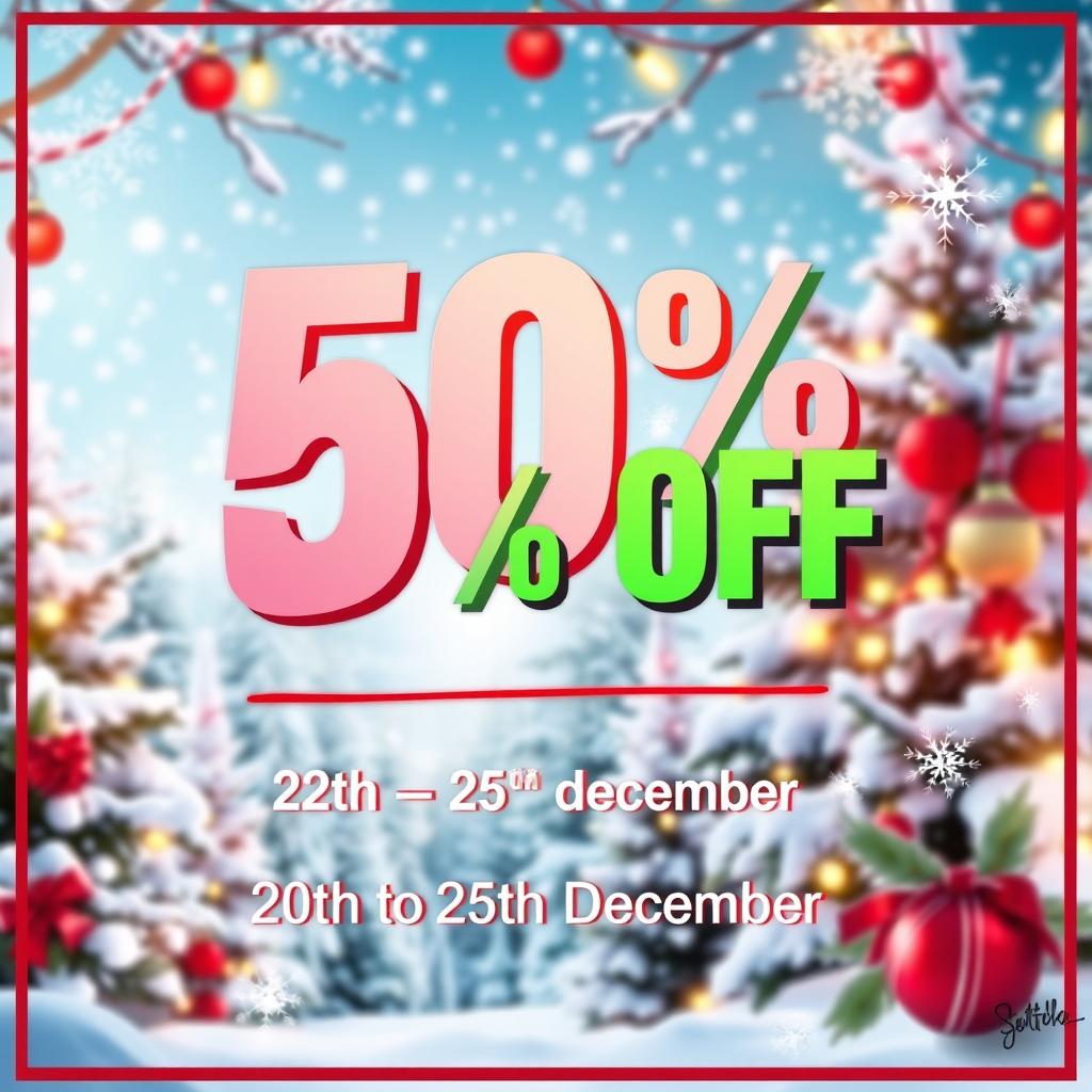 A vibrant and festive holiday sale advertisement featuring a full background of a winter wonderland scene with snow-covered trees and twinkling lights