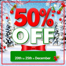 A vibrant and festive holiday sale advertisement featuring a full background of a winter wonderland scene with snow-covered trees and twinkling lights