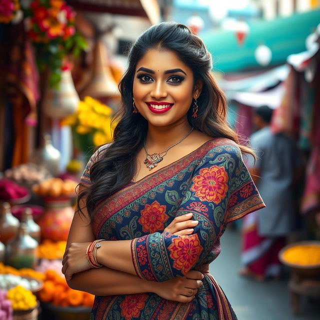 A stunning portrait of a confident Indian woman, celebrating her curves and vibrant cultural heritage