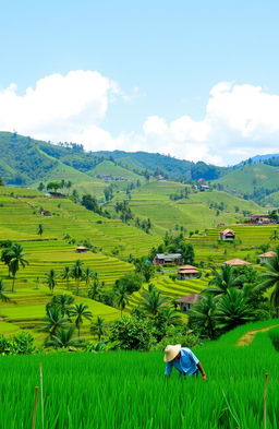 A scenic view of the Malang regency in Indonesia featuring lush green hills, terraced rice fields, and traditional Javanese architecture