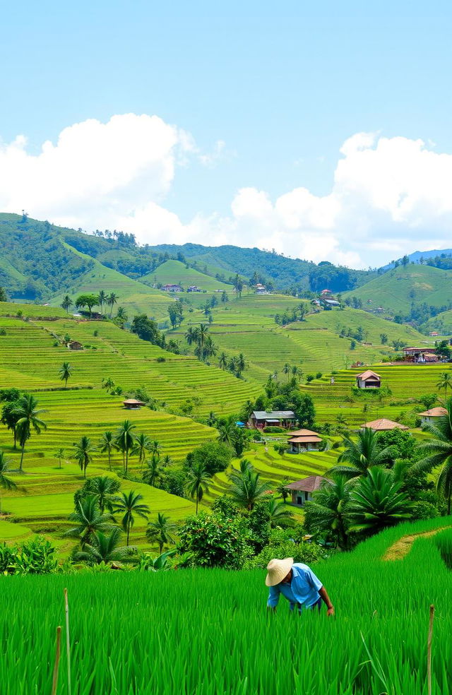 A scenic view of the Malang regency in Indonesia featuring lush green hills, terraced rice fields, and traditional Javanese architecture