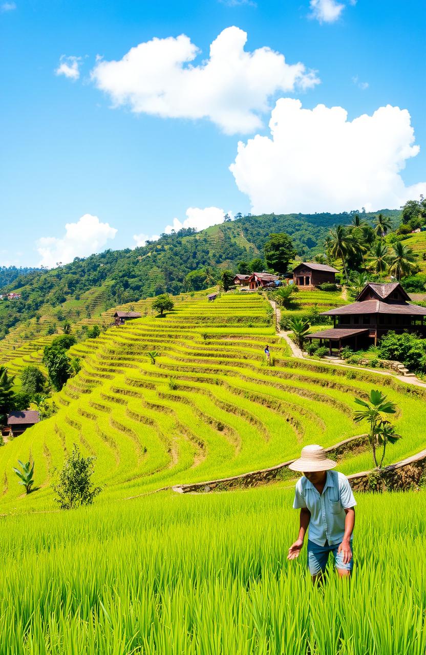 A scenic view of the Malang regency in Indonesia featuring lush green hills, terraced rice fields, and traditional Javanese architecture