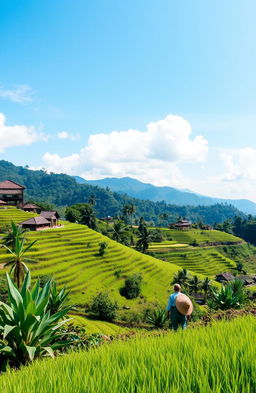 A scenic view of the Malang regency in Indonesia featuring lush green hills, terraced rice fields, and traditional Javanese architecture