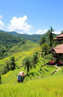 A scenic view of the Malang regency in Indonesia featuring lush green hills, terraced rice fields, and traditional Javanese architecture