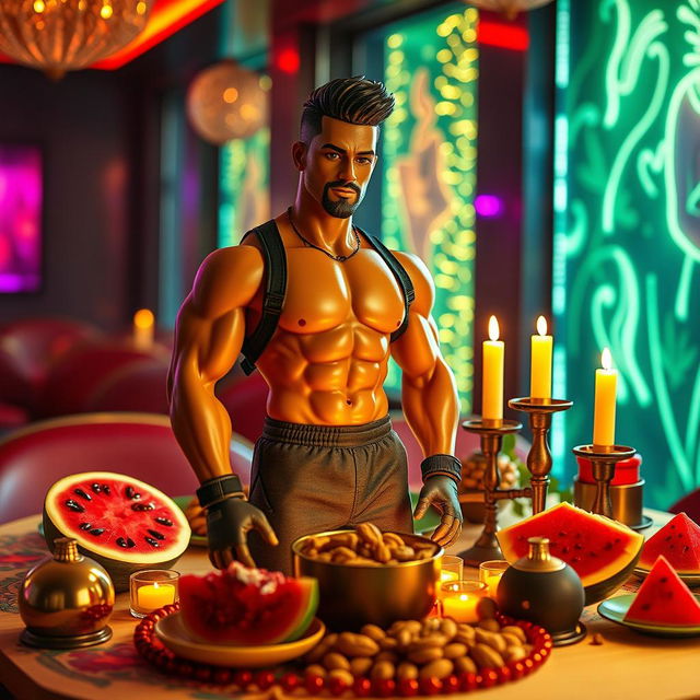 A male gym trainer doll, designed for a Yalda night celebration, situated on a vibrant Yalda night table inside a stylish club