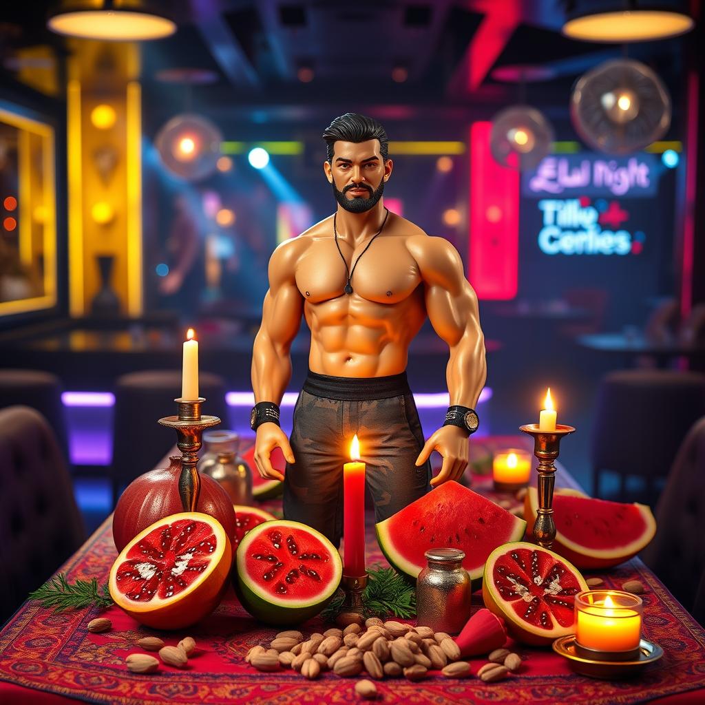 A male gym trainer doll, designed for a Yalda night celebration, situated on a vibrant Yalda night table inside a stylish club