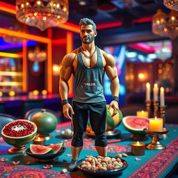 A male gym trainer doll, designed for a Yalda night celebration, situated on a vibrant Yalda night table inside a stylish club
