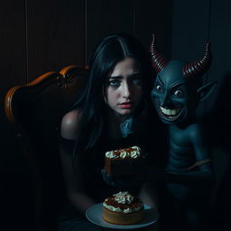 In a dimly lit corner of a dark room, a beautiful young woman with mesmerizing black hair and crystal blue eyes is crying, tied to a vintage wooden chair