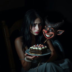 In a dimly lit corner of a dark room, a beautiful young woman with mesmerizing black hair and crystal blue eyes is crying, tied to a vintage wooden chair