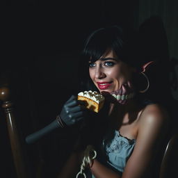 In a dimly lit corner of a dark room, a beautiful young woman with mesmerizing black hair and crystal blue eyes is crying, tied to a vintage wooden chair