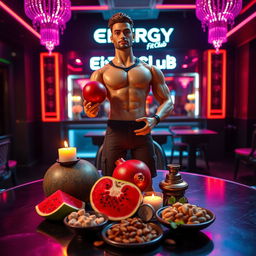 A male gym trainer doll, designed for a Yalda night celebration, set on a stylish table inside a club that features the name 'Energy FitClub'