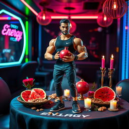 A male gym trainer doll, designed for a Yalda night celebration, set on a stylish table inside a club that features the name 'Energy FitClub'
