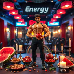 A male gym trainer doll, designed for a Yalda night celebration, set on a stylish table inside a club that features the name 'Energy FitClub'