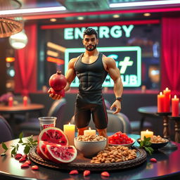 A male gym trainer doll, designed for a Yalda night celebration, set on a stylish table inside a club that features the name 'Energy FitClub'