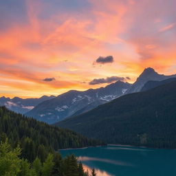 A breathtaking landscape featuring a serene mountainscape at sunset, with hues of orange and pink in the sky, lush green forests in the foreground, and a tranquil lake reflecting the vibrant colors of the sky