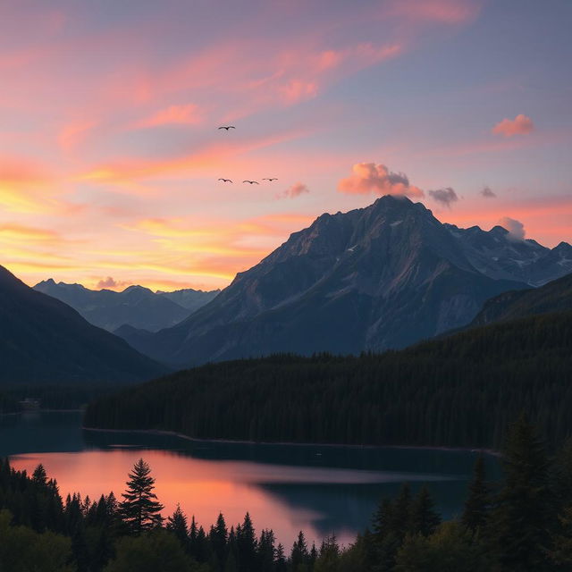 A breathtaking landscape featuring a serene mountainscape at sunset, with hues of orange and pink in the sky, lush green forests in the foreground, and a tranquil lake reflecting the vibrant colors of the sky