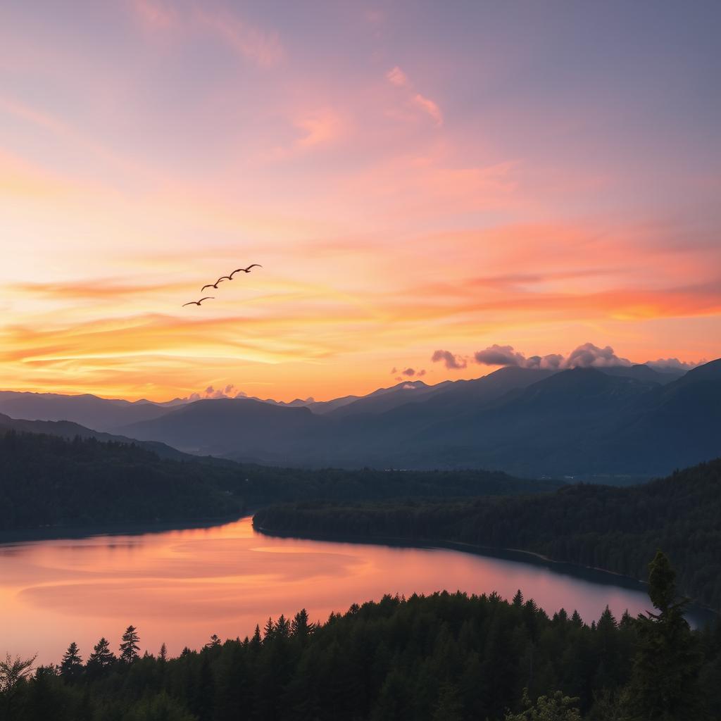 A breathtaking landscape featuring a serene mountainscape at sunset, with hues of orange and pink in the sky, lush green forests in the foreground, and a tranquil lake reflecting the vibrant colors of the sky