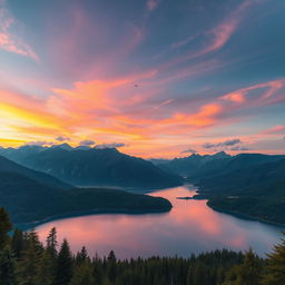 A breathtaking landscape featuring a serene mountainscape at sunset, with hues of orange and pink in the sky, lush green forests in the foreground, and a tranquil lake reflecting the vibrant colors of the sky