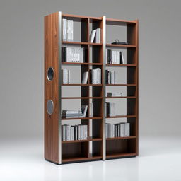A futuristic bookshelves speaker design seamlessly integrating audio technology into a sleek bookshelf structure
