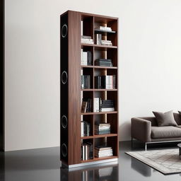 A futuristic bookshelves speaker design seamlessly integrating audio technology into a sleek bookshelf structure