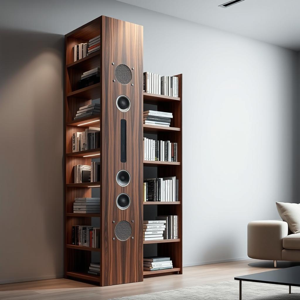 A futuristic bookshelves speaker design seamlessly integrating audio technology into a sleek bookshelf structure