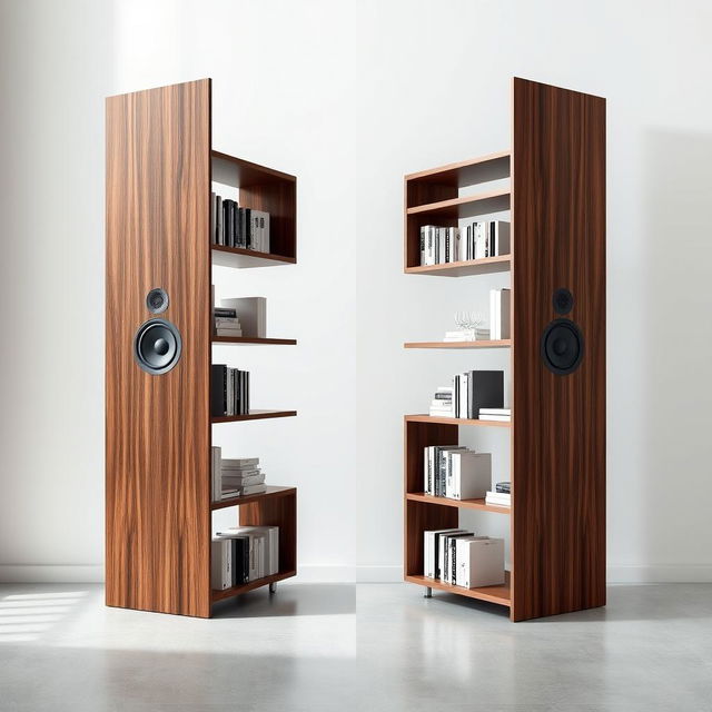 A futuristic bookshelves speaker design seamlessly integrating audio technology into a sleek bookshelf structure