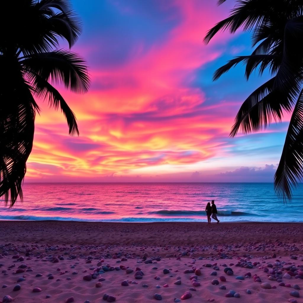 A stunning sunset over a serene ocean, with vibrant pink and orange hues filling the sky