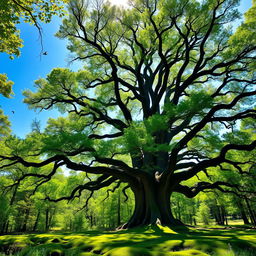 A majestic, towering oak tree in the heart of a lush, green forest