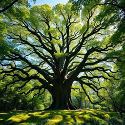 A majestic, towering oak tree in the heart of a lush, green forest