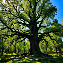 A majestic, towering oak tree in the heart of a lush, green forest