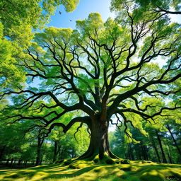 A majestic, towering oak tree in the heart of a lush, green forest