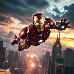 An epic scene featuring a highly detailed, armored superhero, Iron Man, flying through a futuristic cityscape