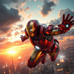 An epic scene featuring a highly detailed, armored superhero, Iron Man, flying through a futuristic cityscape
