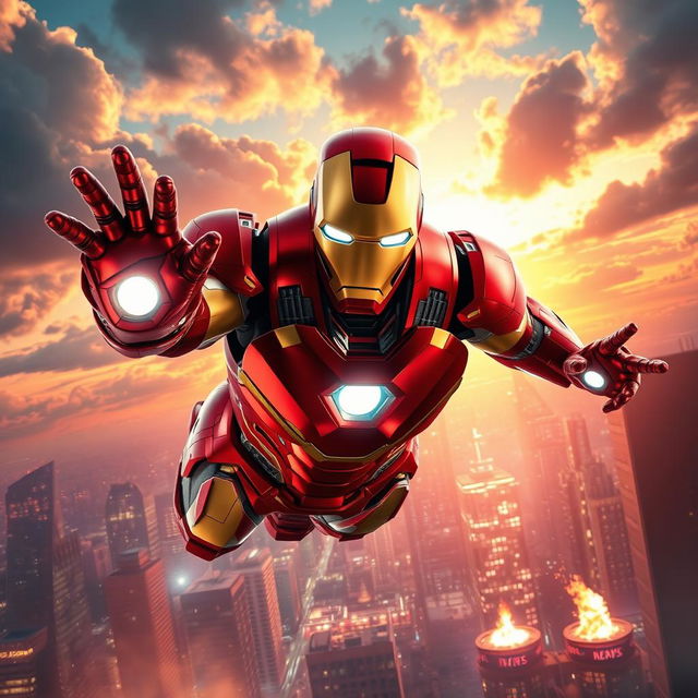 An epic scene featuring a highly detailed, armored superhero, Iron Man, flying through a futuristic cityscape