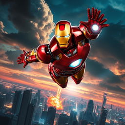An epic scene featuring a highly detailed, armored superhero, Iron Man, flying through a futuristic cityscape