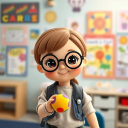 A doll representing a short girl with a round face, wearing black circular glasses, styled as a student in an occupational therapy setting