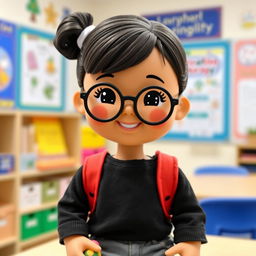 A doll representing a short girl with a round face, wearing black circular glasses, styled as a student in an occupational therapy setting